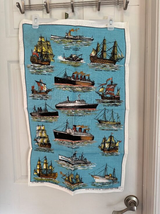 Ulster Other - Story Of Ships Vintage Linen Tea Towel Ulster Ireland 30x19 Blue Nautical Theme